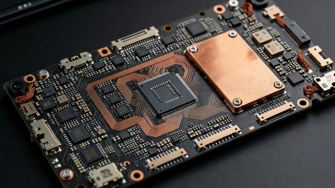 Exposed portable gaming handheld circuit board highlighting the system on chip memory bus and thermal copper heat spreader
