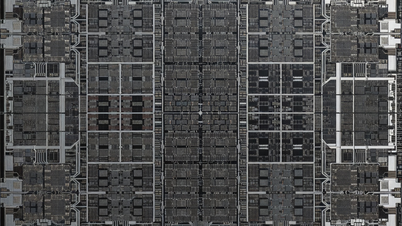 Microscopic die shot schematic showing central processing unit clusters memory crossbars and unified GPU graphics compute blocks