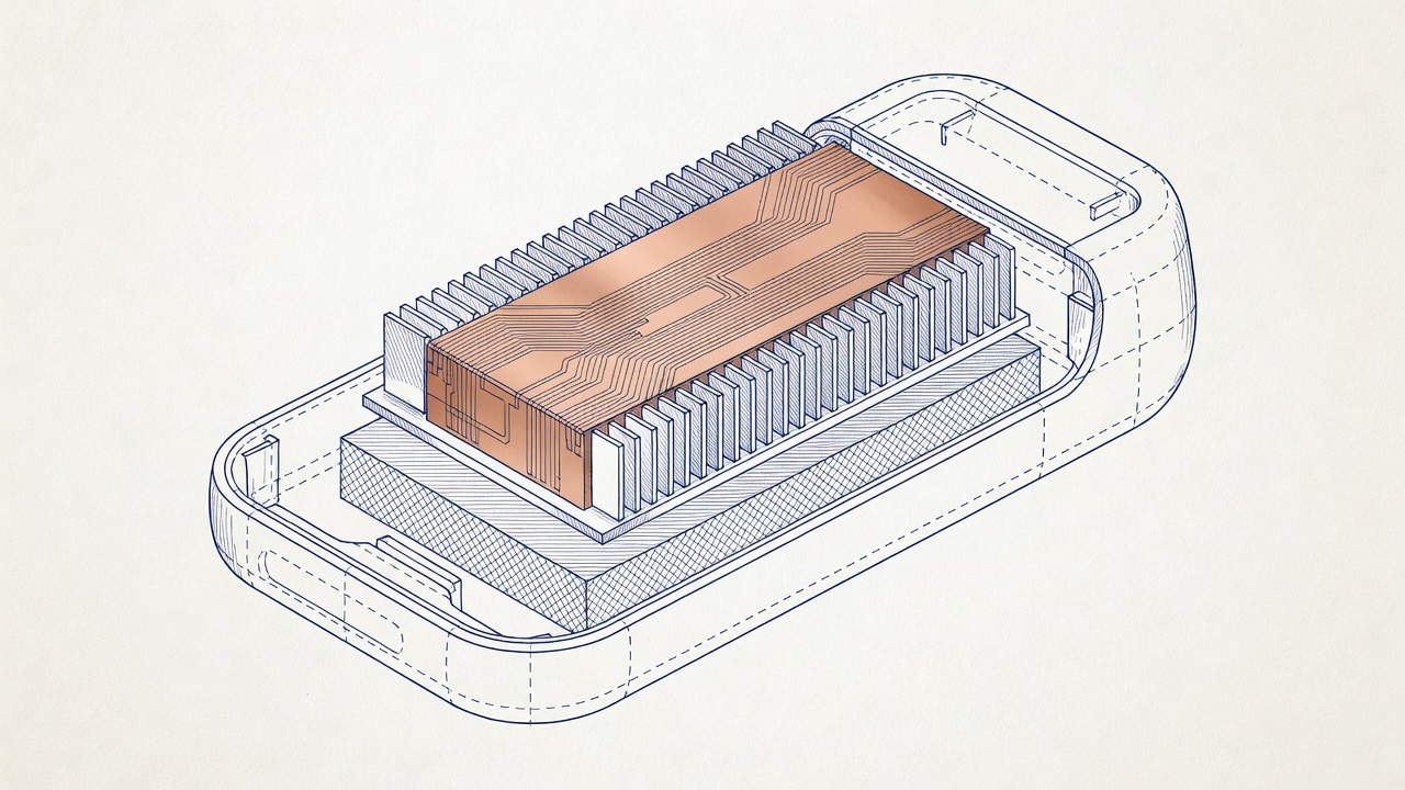 Engineering blueprint of a copper vapour chamber and aluminium fin stack layout inside a compact handheld casing